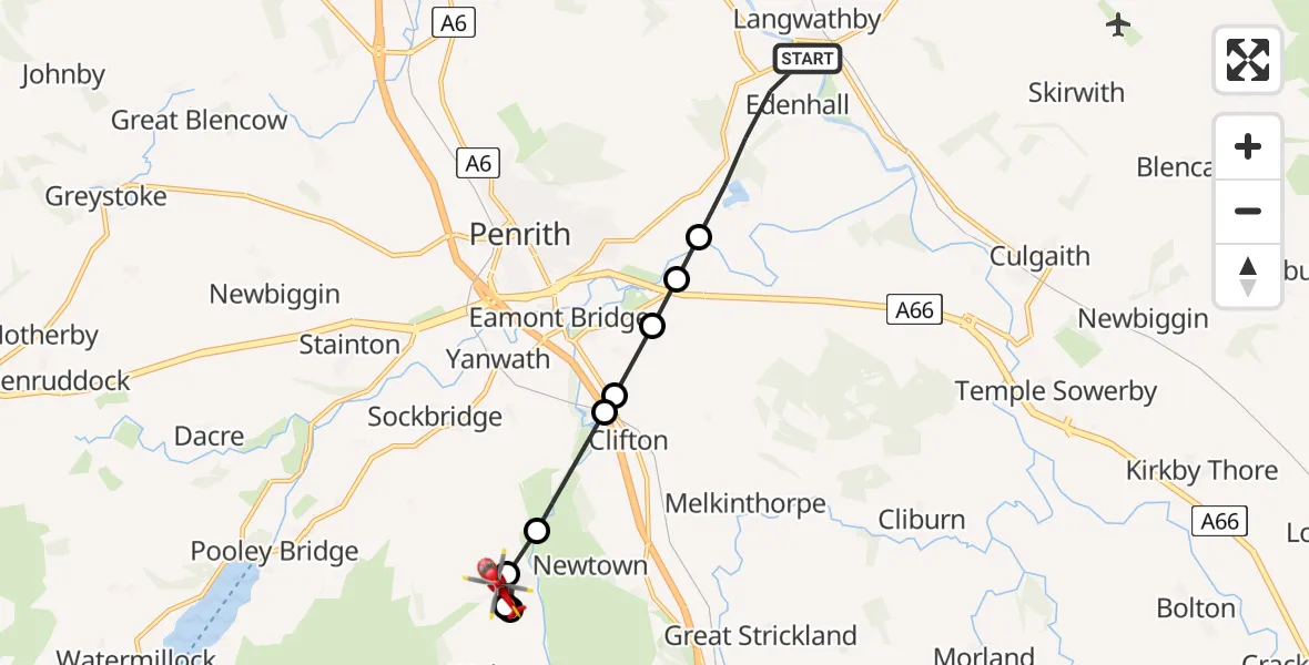 Flight route Air Ambulance Helicopter Edenhall - Helton, 14 May 2026, 13:26