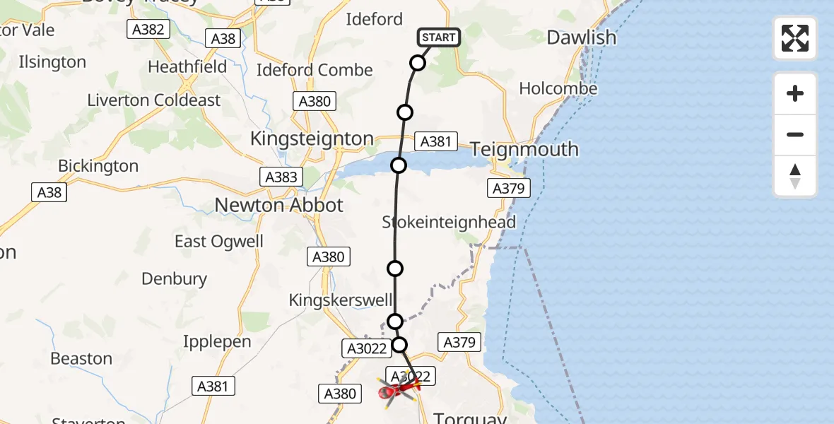Flight route Air Ambulance Helicopter Haldon Aerodrome - Torquay, 14 May 2026, 13:29