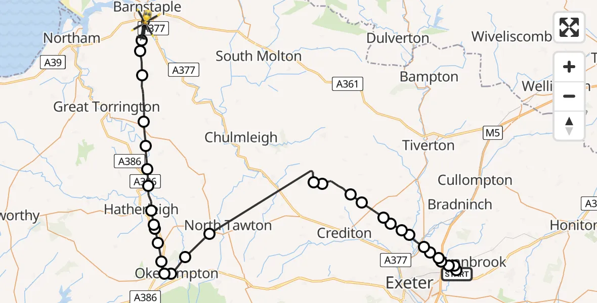 Flight route Police Helicopter Exeter International Airport - Tawstock, 14 May 2026, 13:35