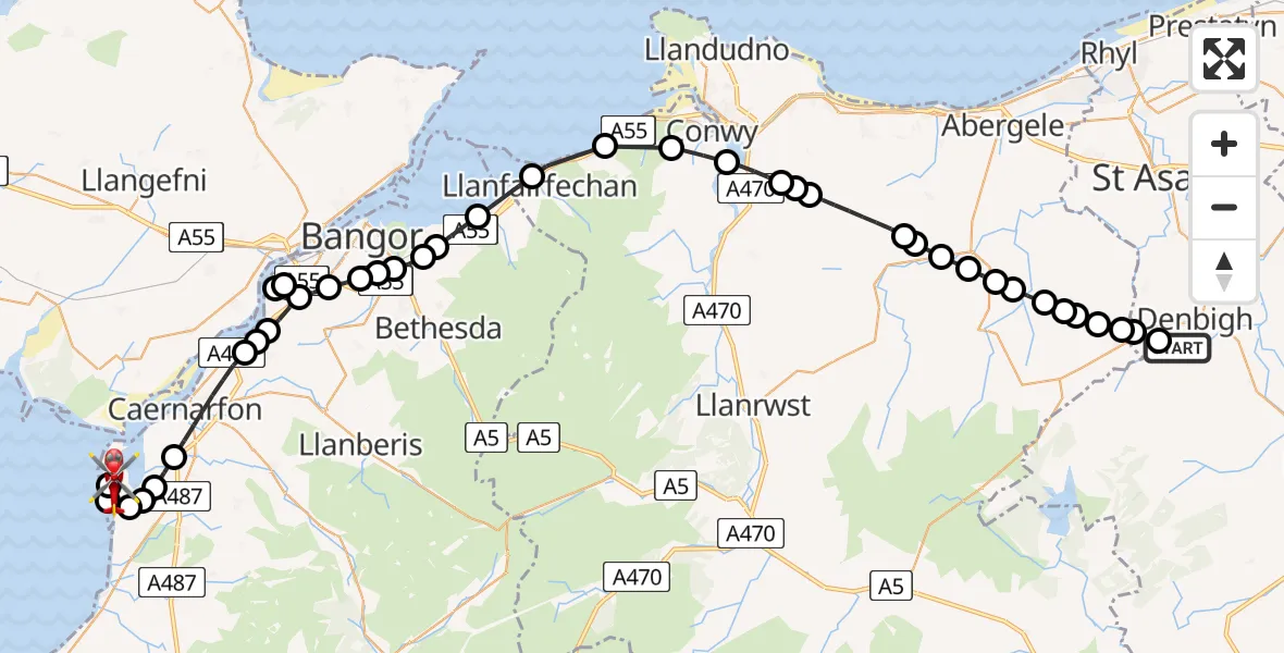 Flight route Air Ambulance Helicopter Denbigh - Caernarfon Airport, 14 May 2026, 13:39