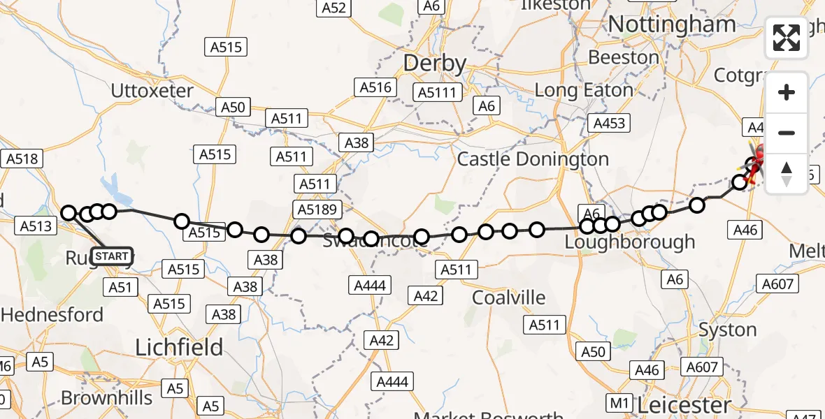 Flight route Air Ambulance Helicopter Cannock Chase - Nottingham Heliport, 14 May 2026, 13:47