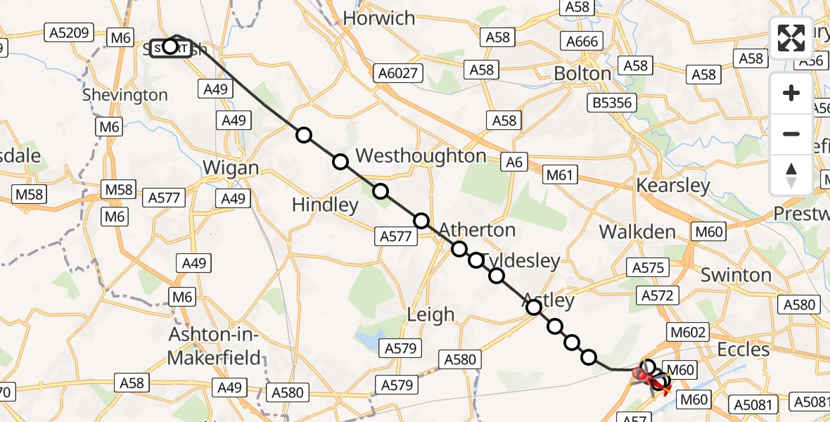 Flight route Air Ambulance Helicopter Wigan - Manchester Barton Aerodrome, 14 May 2026, 14:03