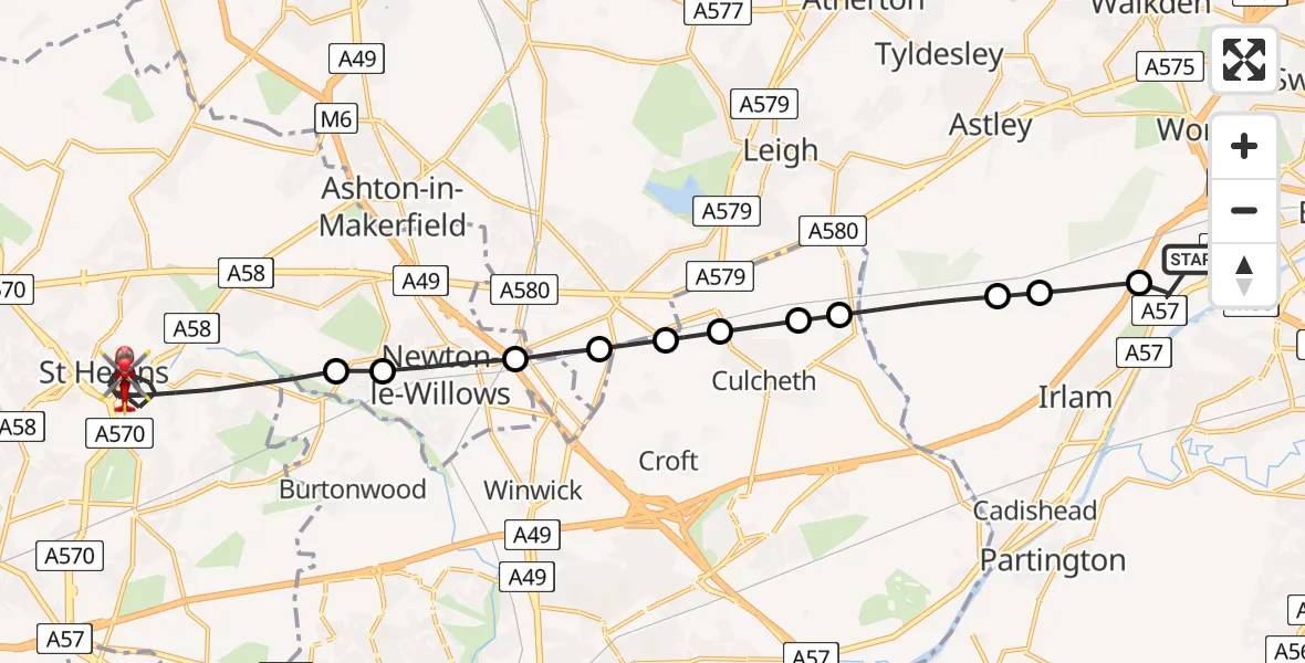 Flight route Air Ambulance Helicopter Manchester Barton Aerodrome - St Helens, 14 May 2026, 14:13