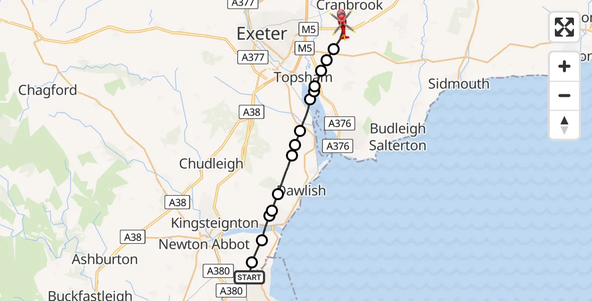 Flight route Air Ambulance Helicopter Teignbridge - Exeter International Airport, 14 May 2026, 14:21