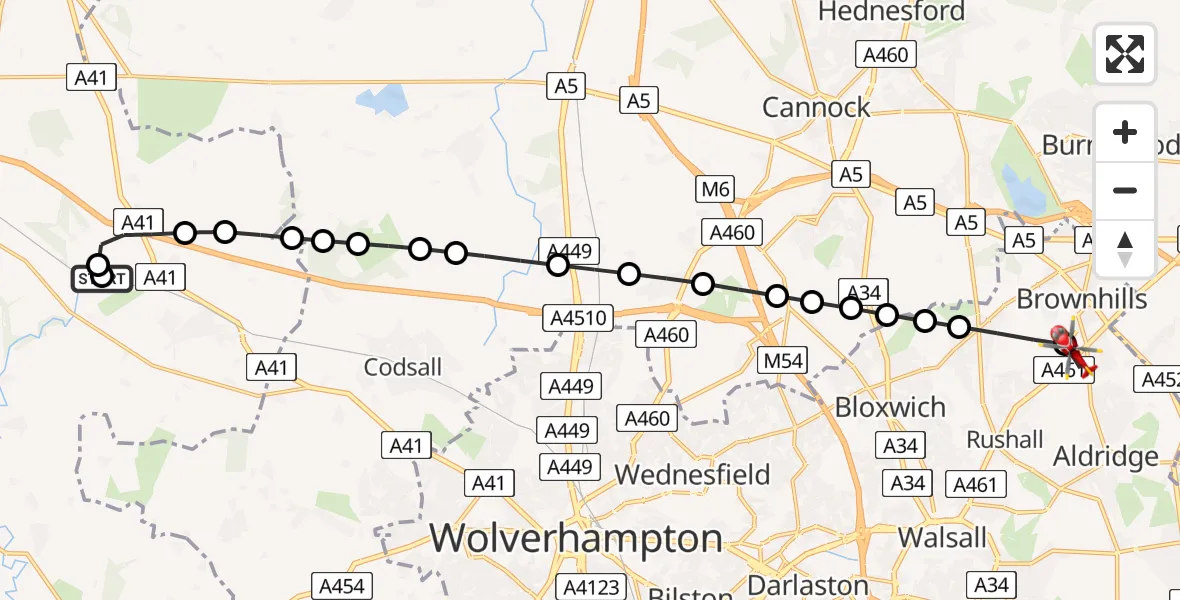 Flight route Air Ambulance Helicopter RAF Cosford - Brownhills, 14 May 2026, 14:22