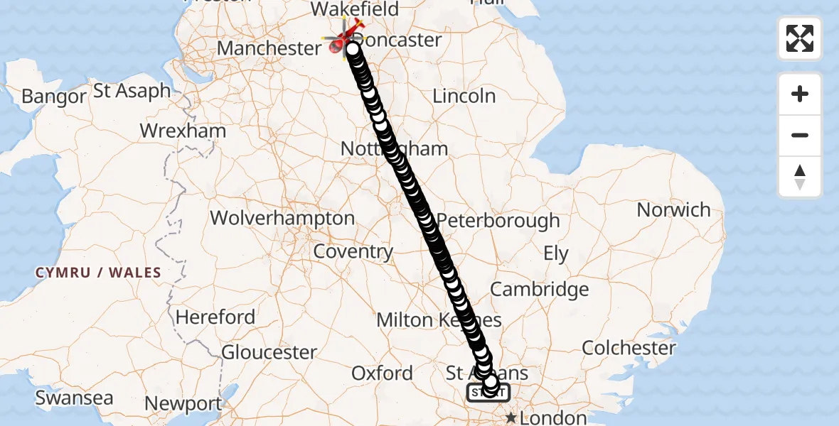 Flight route Air Ambulance Helicopter Elstree Airfield - Barnsley, 14 May 2026, 14:24