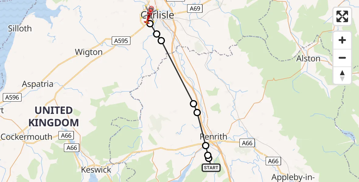 Flight route Air Ambulance Helicopter Askham - Carlisle, 14 May 2026, 14:28