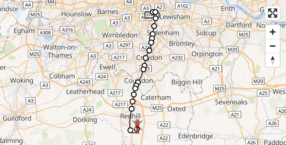 Flight route Air Ambulance Helicopter Kings College London Hospital - Redhill Aerodrome, 14 May 2026, 14:35