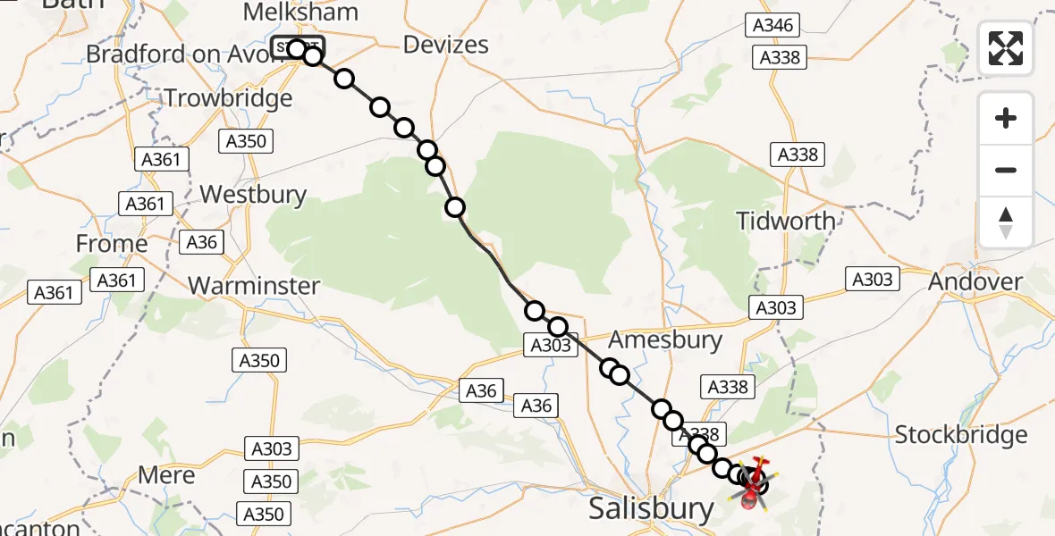 Flight route Air Ambulance Helicopter Wiltshire Air Ambulance - Pitton, 14 May 2026, 14:40