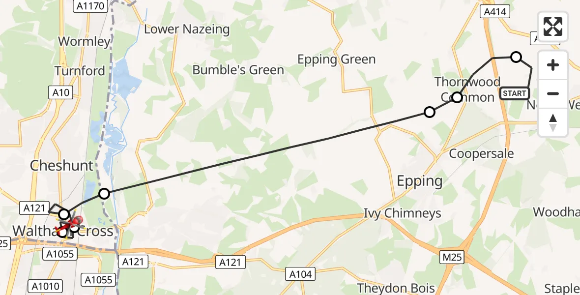 Flight route Air Ambulance Helicopter North Weald Airfield - Waltham Cross, 14 May 2026, 14:49