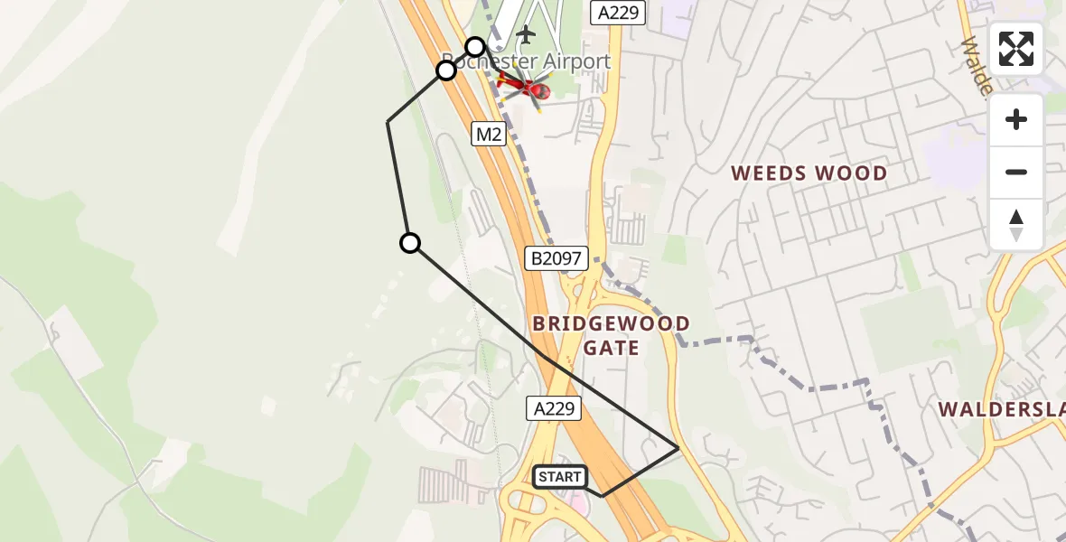Flight route Air Ambulance Helicopter Bluebell Hill - Rochester Airport, 14 May 2026, 14:50
