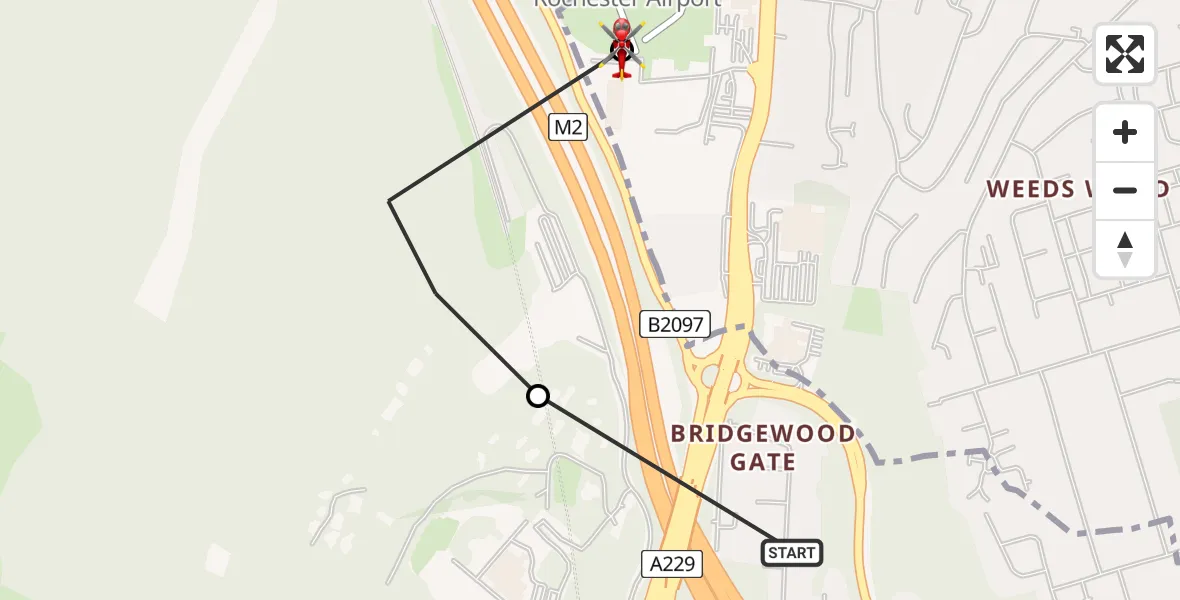 Flight route Air Ambulance Helicopter Bluebell Hill - Rochester Airport, 14 May 2026, 14:56