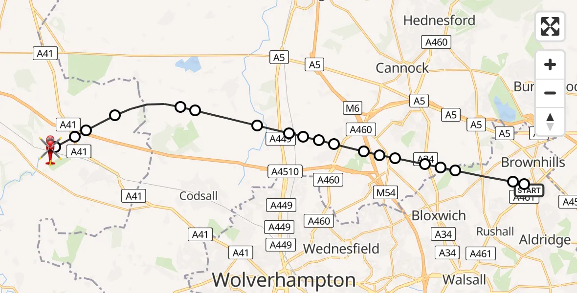 Flight route Air Ambulance Helicopter Brownhills - Tong, 14 May 2026, 14:58