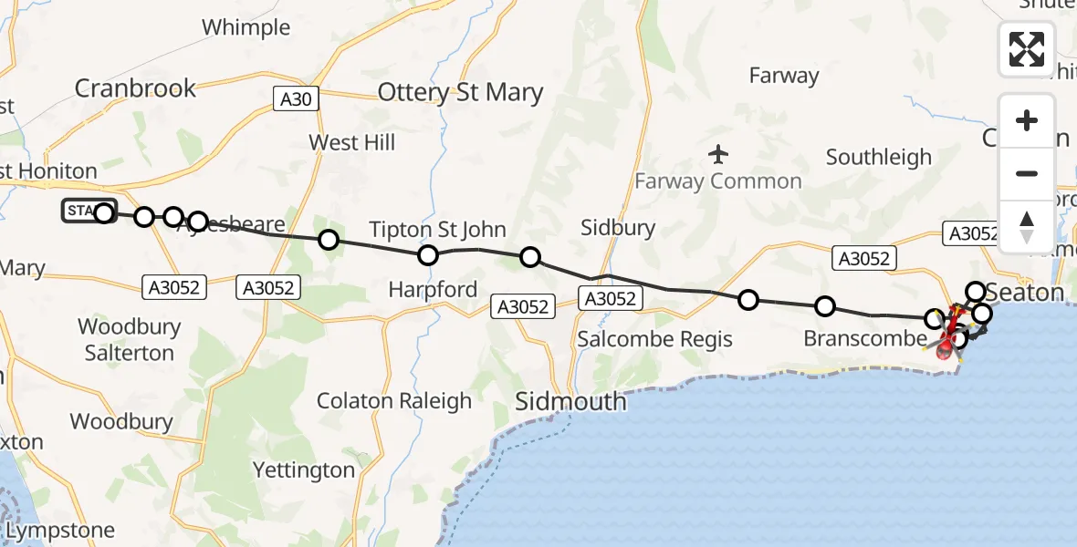 Flight route Air Ambulance Helicopter East Devon - Beer, 14 May 2026, 14:59