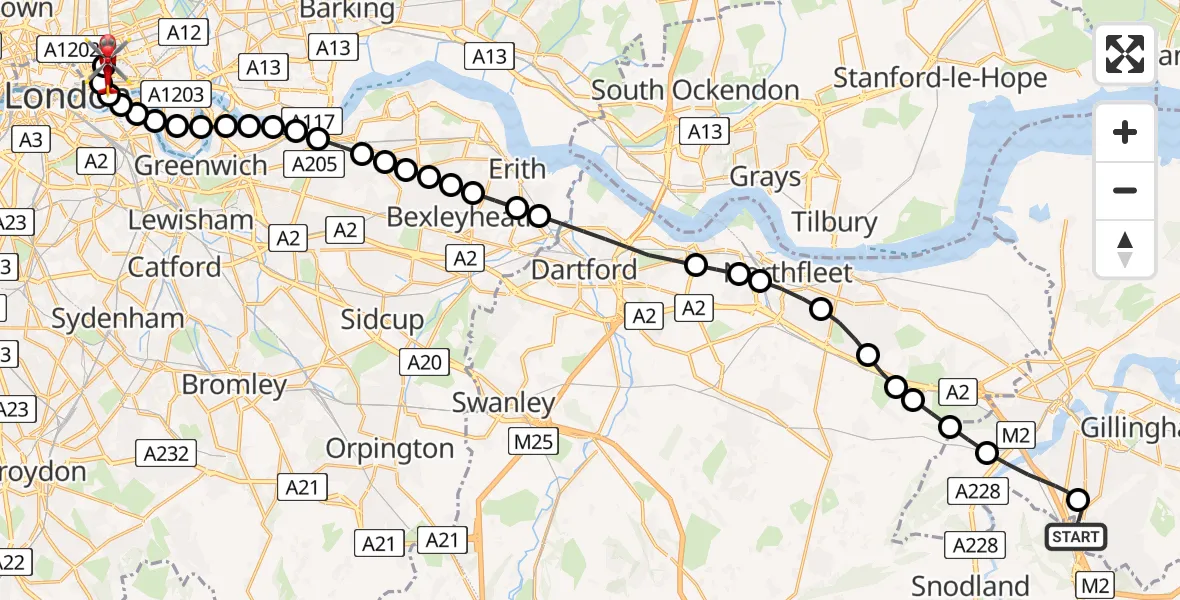 Flight route Air Ambulance Helicopter Rochester Airport - Royal London Hospital, 14 May 2026, 15:08
