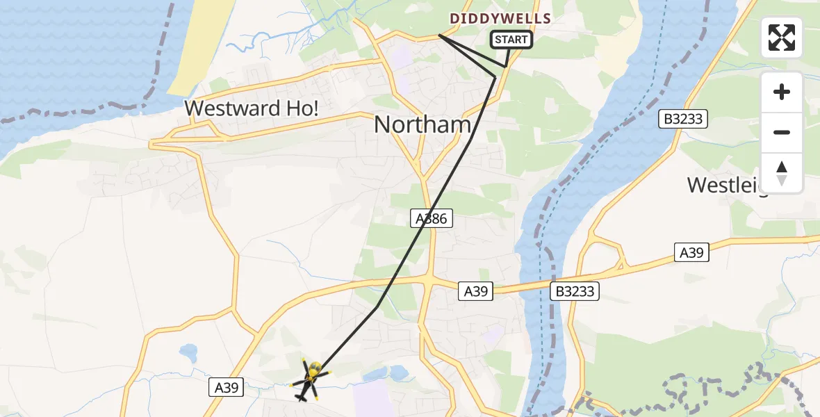 Flight route Police Helicopter Northam - Bideford, 14 May 2026, 15:15