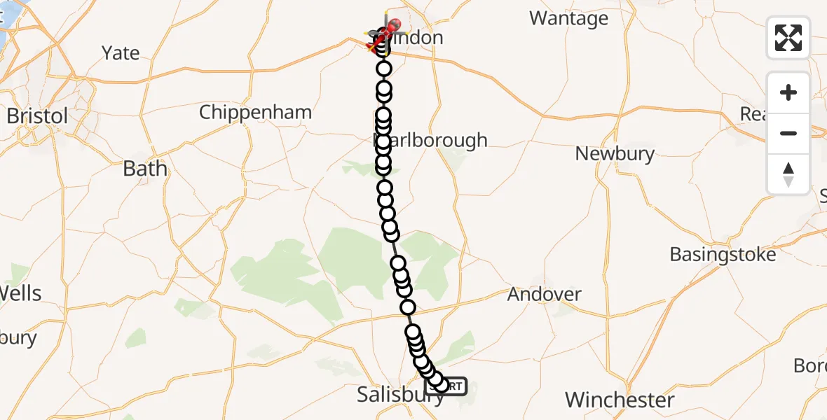 Flight route Air Ambulance Helicopter Pitton - West Swindon, 14 May 2026, 15:18