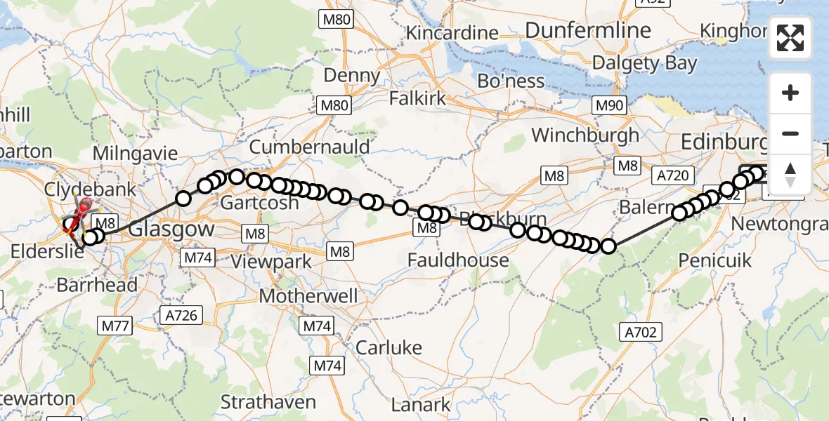 Flight route Air Ambulance Helicopter RIE Rooftop - Glasgow Airport, 14 May 2026, 15:23