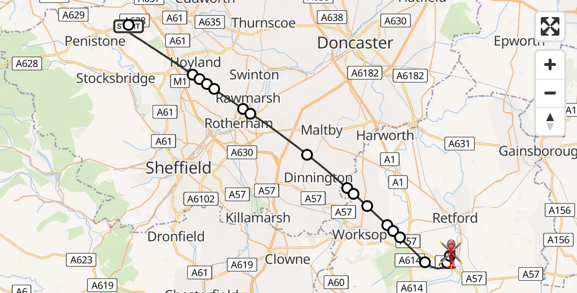 Flight route Air Ambulance Helicopter Barnsley - Retford Gamston Airport, 14 May 2026, 15:54