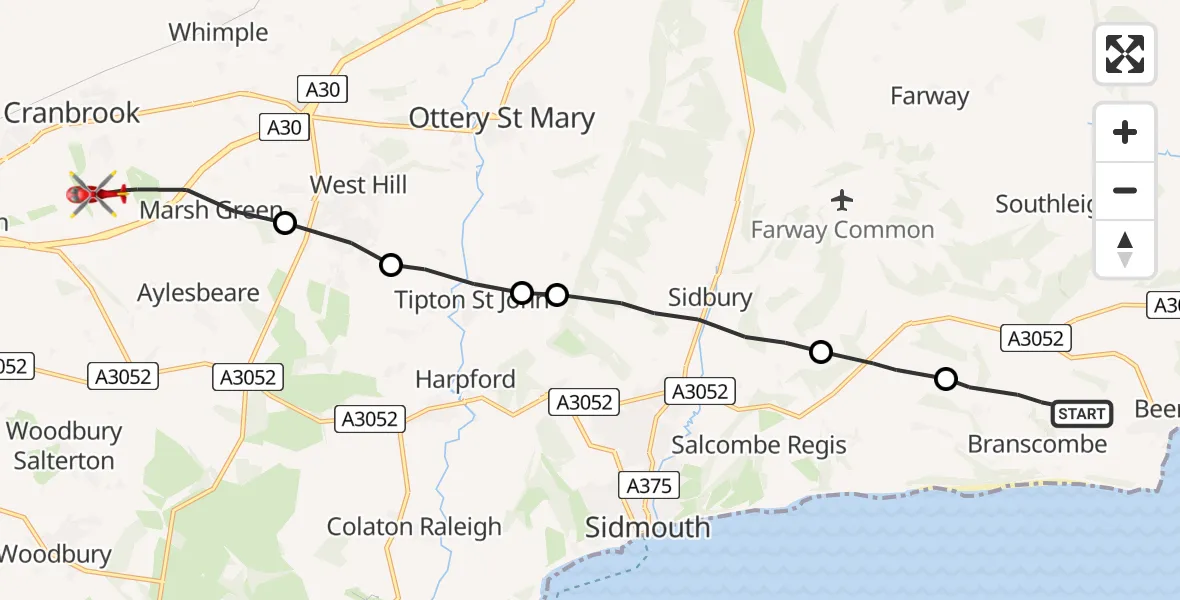 Flight route Air Ambulance Helicopter Branscombe - Rockbeare, 14 May 2026, 15:59