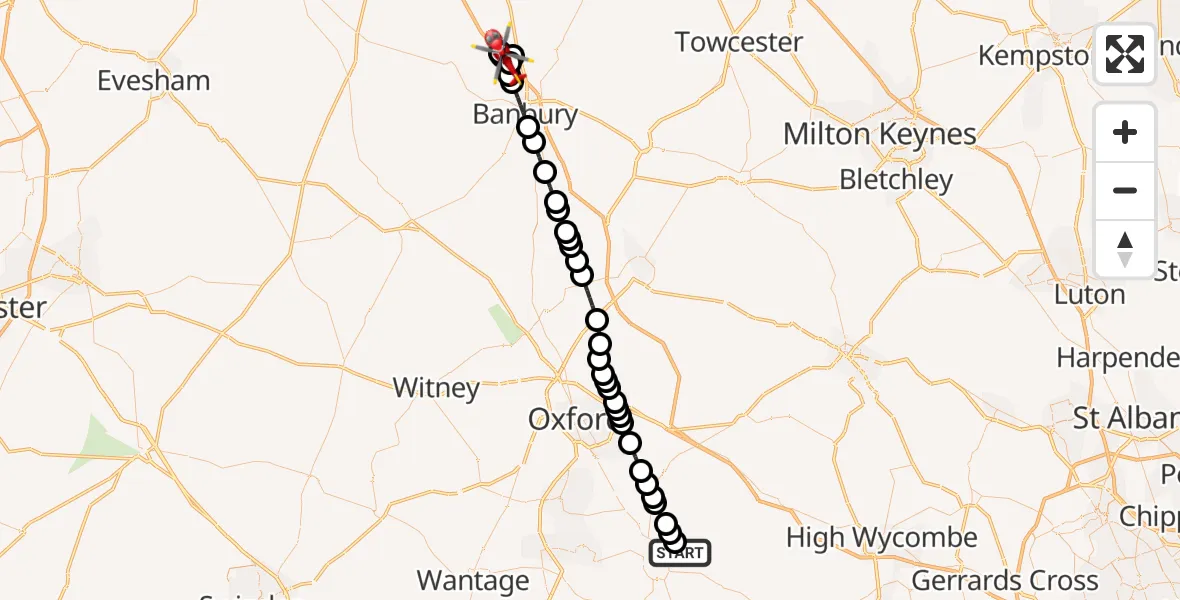 Flight route Air Ambulance Helicopter RAF Benson - Mollington, 14 May 2026, 16:00