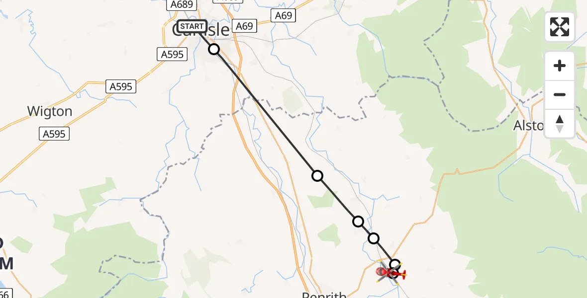 Flight route Air Ambulance Helicopter Carlisle - Langwathby, 14 May 2026, 16:02