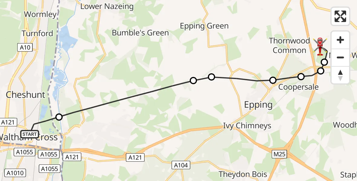 Flight route Air Ambulance Helicopter Waltham Cross - North Weald Airfield, 14 May 2026, 16:03