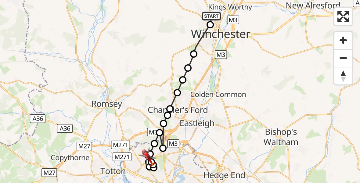 Flight route Air Ambulance Helicopter Littleton - University Hospital Southampton, 14 May 2026, 16:07