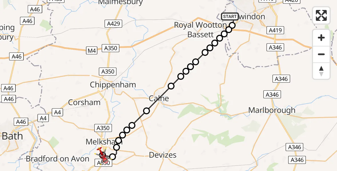 Flight route Air Ambulance Helicopter West Swindon - Wiltshire Air Ambulance, 14 May 2026, 16:11