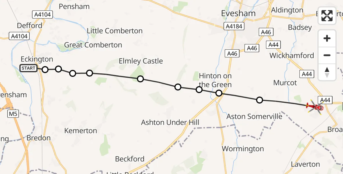Flight route Air Ambulance Helicopter Eckington - Childswickham, 14 May 2026, 16:13