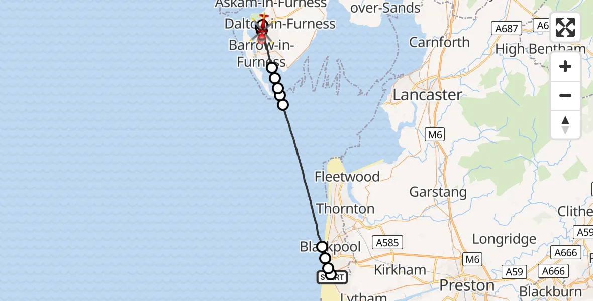 Flight route Air Ambulance Helicopter Blackpool Airport - Dalton-in-Furness, 14 May 2026, 16:14