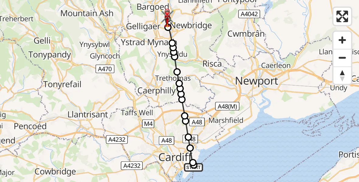 Flight route Air Ambulance Helicopter Cardiff Heliport - Blackwood, 14 May 2026, 16:18