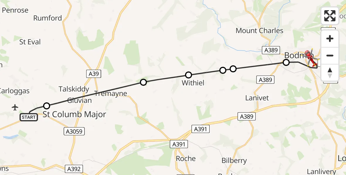 Flight route Air Ambulance Helicopter Cornwall Airport Newquay - Bodmin, 14 May 2026, 16:23