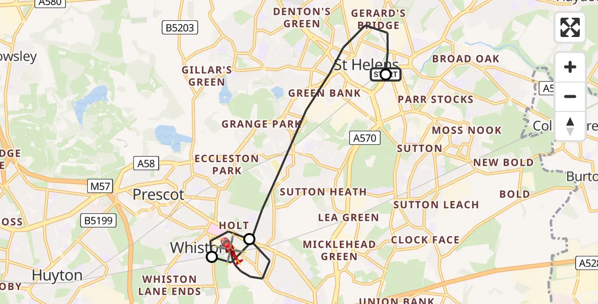 Flight route Air Ambulance Helicopter St Helens - St Helens, 14 May 2026, 16:27