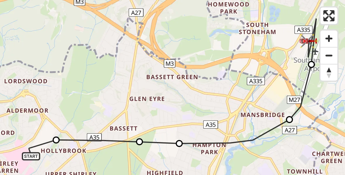 Flight route Air Ambulance Helicopter University Hospital Southampton - Southampton Airport, 14 May 2026, 16:48