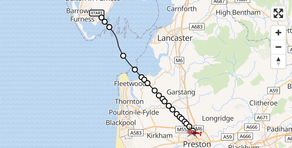Flight route Air Ambulance Helicopter Leece - Preston, 14 May 2026, 17:06
