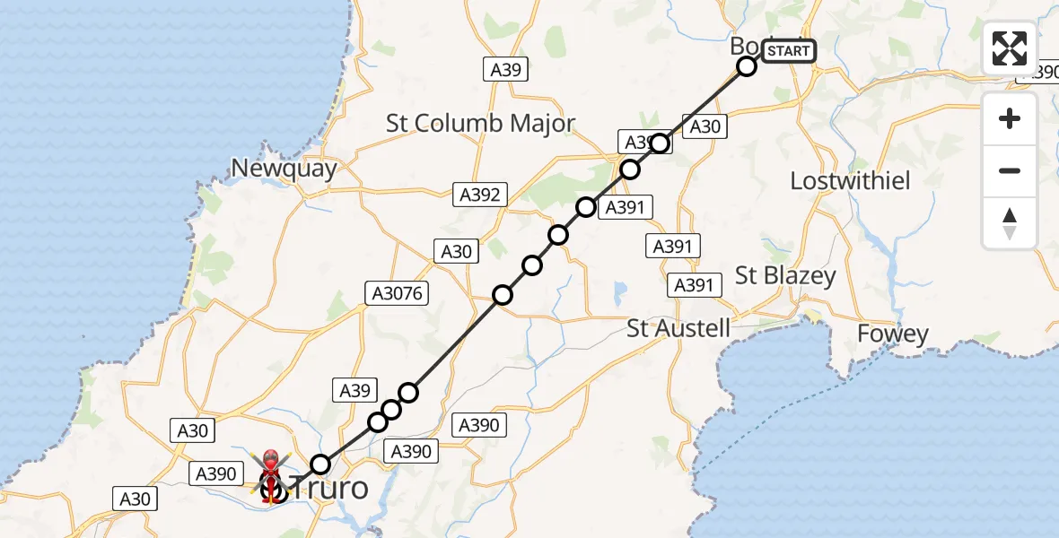 Flight route Air Ambulance Helicopter Bodmin - Treliske Hospital, 14 May 2026, 17:09
