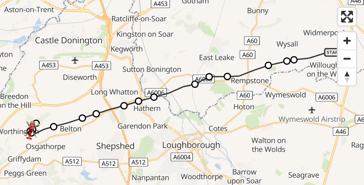 Flight route Air Ambulance Helicopter Willoughby on the Wolds - Worthington, 14 May 2026, 17:13
