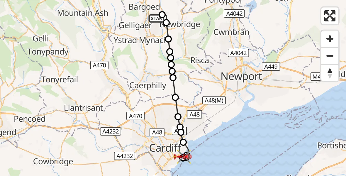 Flight route Air Ambulance Helicopter Blackwood - Cardiff Heliport, 14 May 2026, 17:19