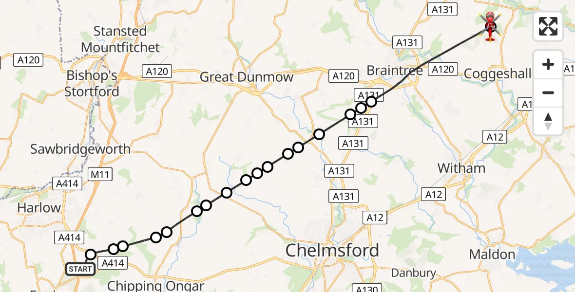 Flight route Air Ambulance Helicopter North Weald Airfield - Earls Colne Airfield, 14 May 2026, 17:23