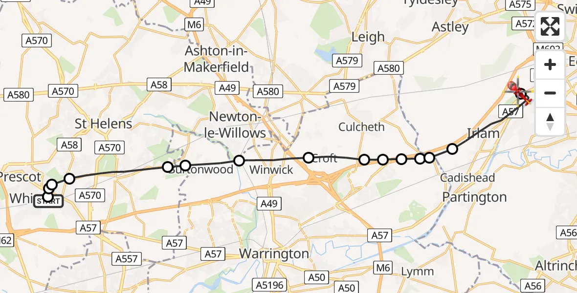 Flight route Air Ambulance Helicopter Whiston - Manchester Barton Aerodrome, 14 May 2026, 17:35