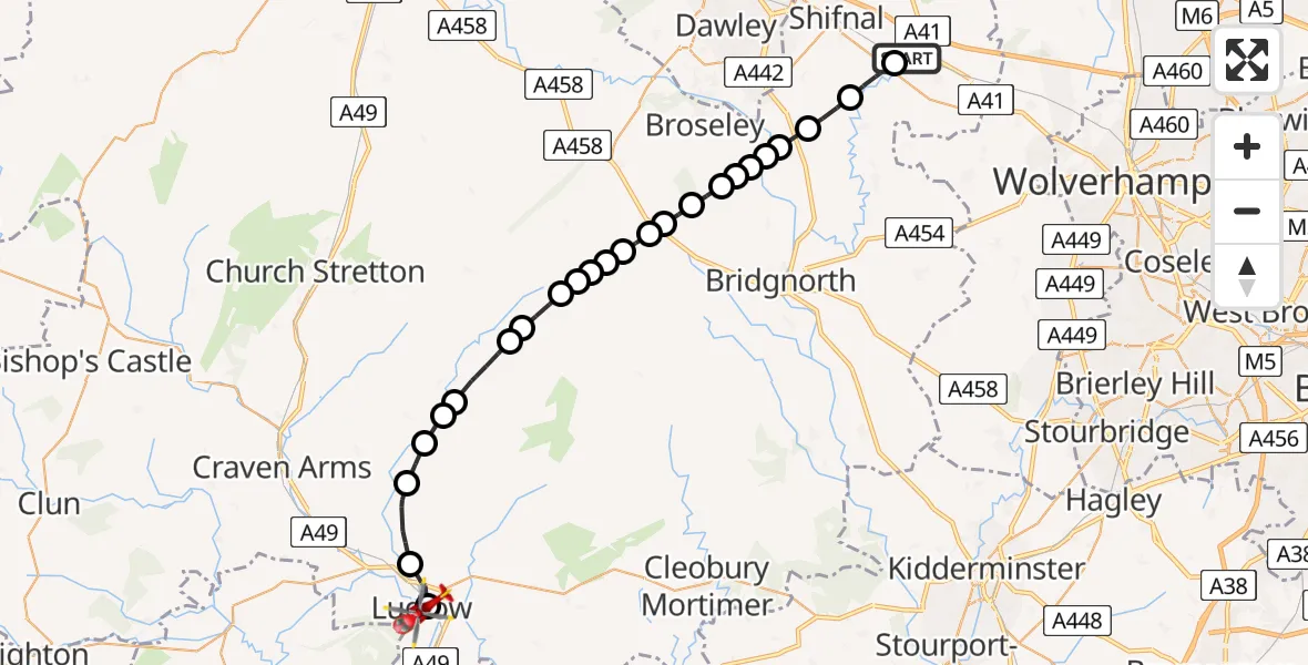 Flight route Air Ambulance Helicopter RAF Cosford - Ludlow, 14 May 2026, 17:37