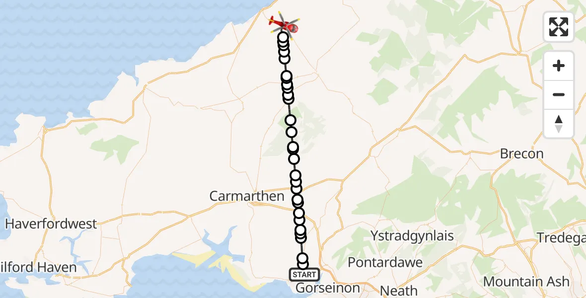 Flight route Air Ambulance Helicopter Dafen - Ciliau Aeron, 14 May 2026, 17:38