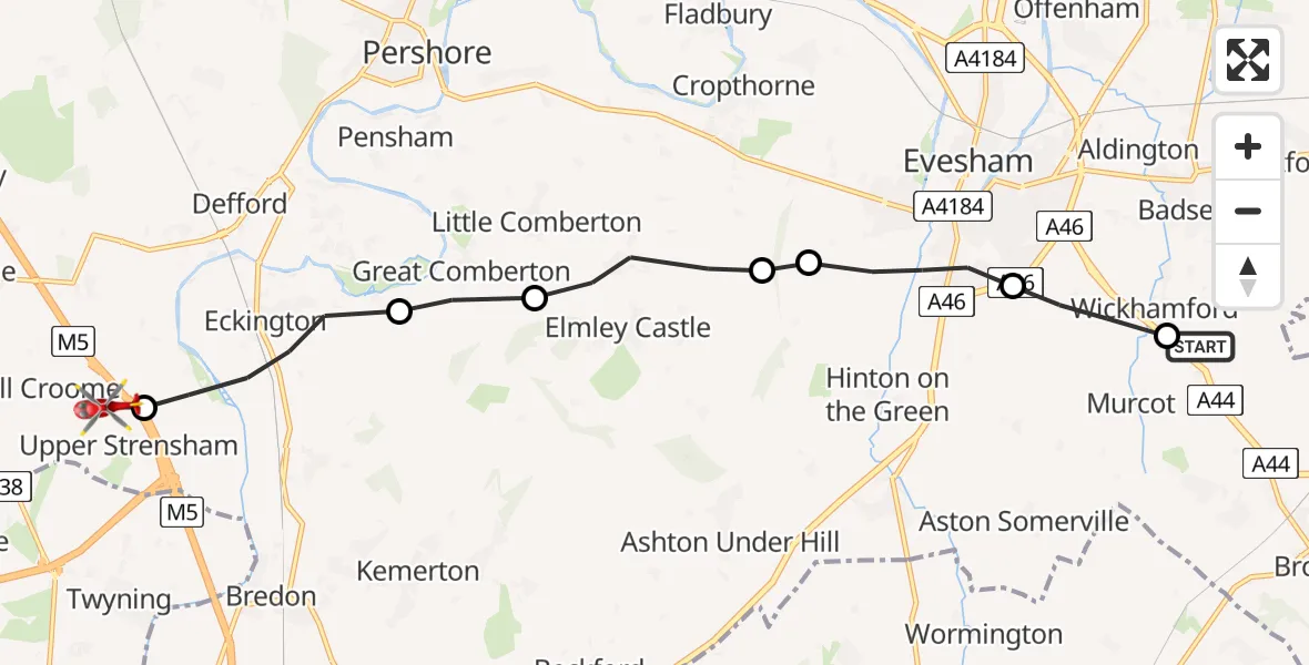 Flight route Air Ambulance Helicopter Wickhamford - Upper Strensham, 14 May 2026, 17:39