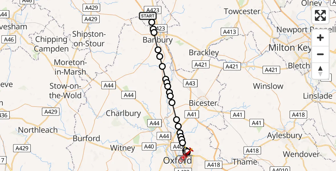 Flight route Air Ambulance Helicopter Mollington - Oxford, 14 May 2026, 17:42