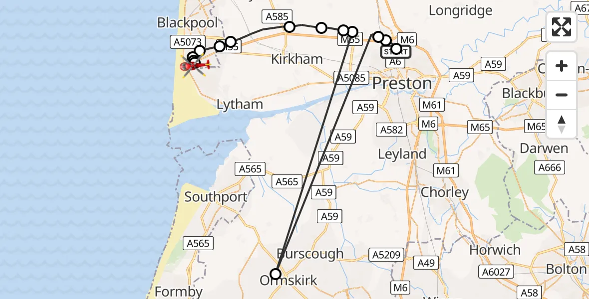 Flight route Air Ambulance Helicopter Royal Preston - Blackpool Airport, 14 May 2026, 18:07