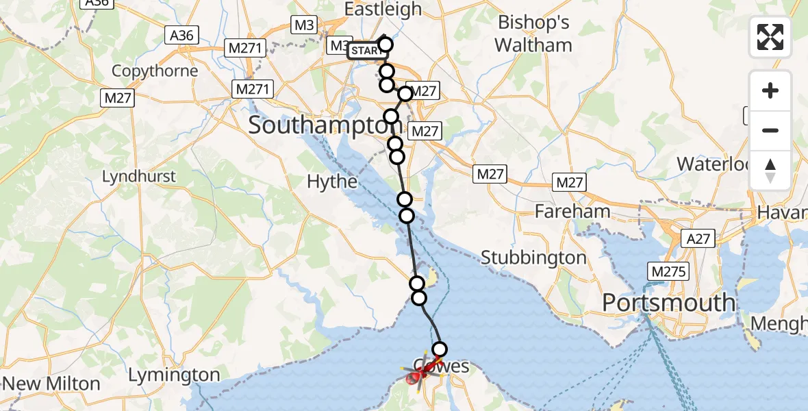 Flight route Air Ambulance Helicopter Southampton Airport - Cowes, 14 May 2026, 18:09