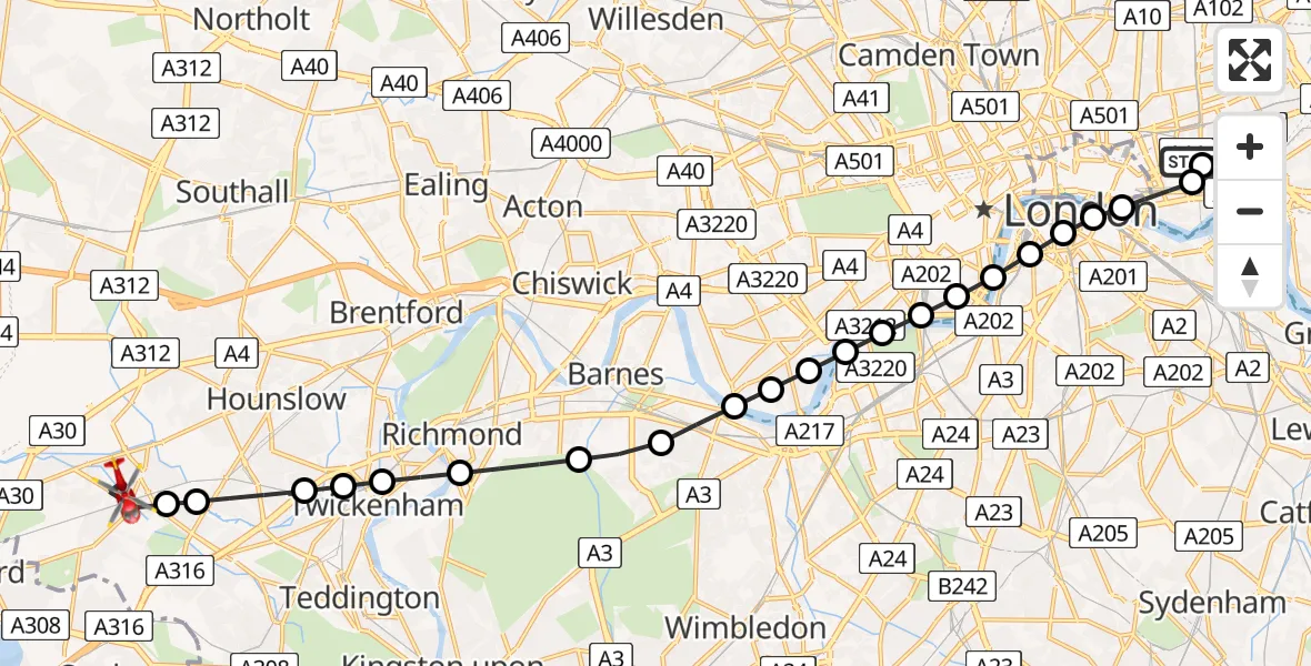 Flight route Air Ambulance Helicopter Royal London Hospital - Feltham, 14 May 2026, 18:12