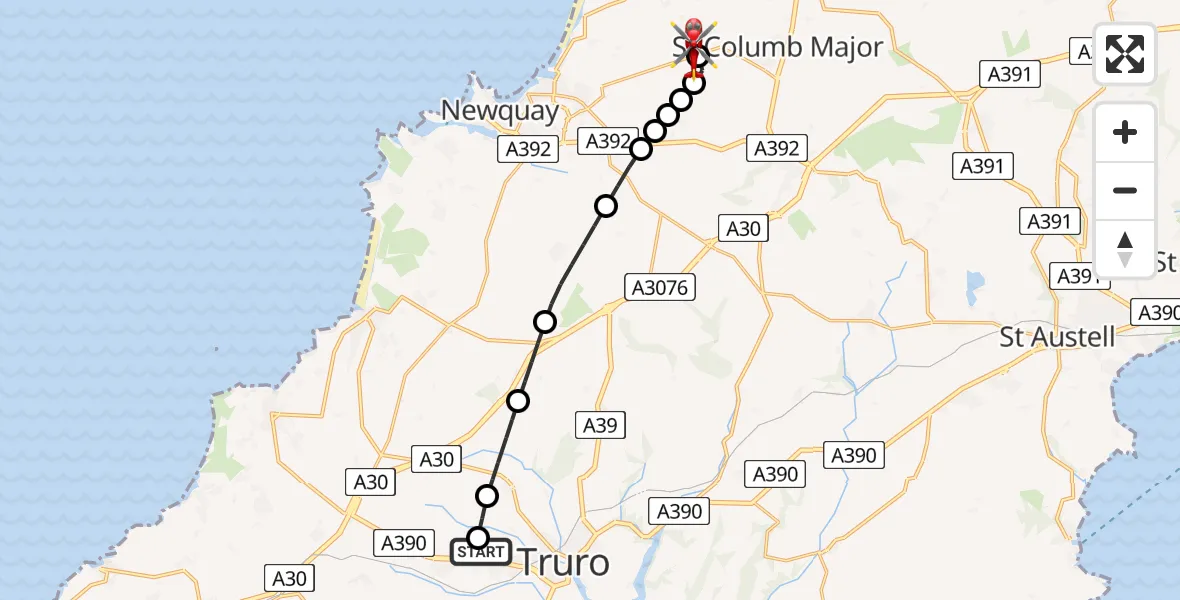 Flight route Air Ambulance Helicopter Treliske Hospital - Cornwall Airport Newquay, 14 May 2026, 18:15