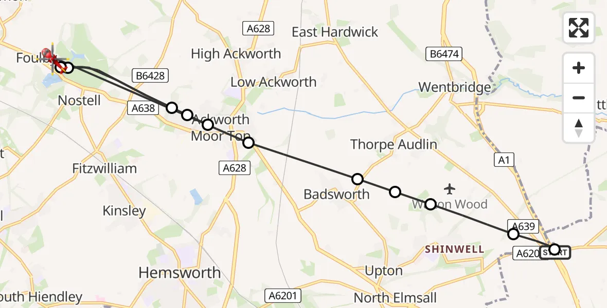 Flight route Air Ambulance Helicopter Upton and North Elmsall - YAA Nostell Helicopter Port, 14 May 2026, 18:19